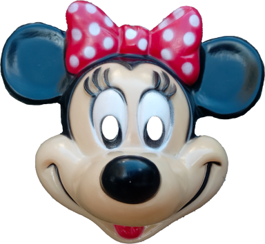 Masque de Minnie Mouse avec un nœud à pois rouges et un visage souriant.