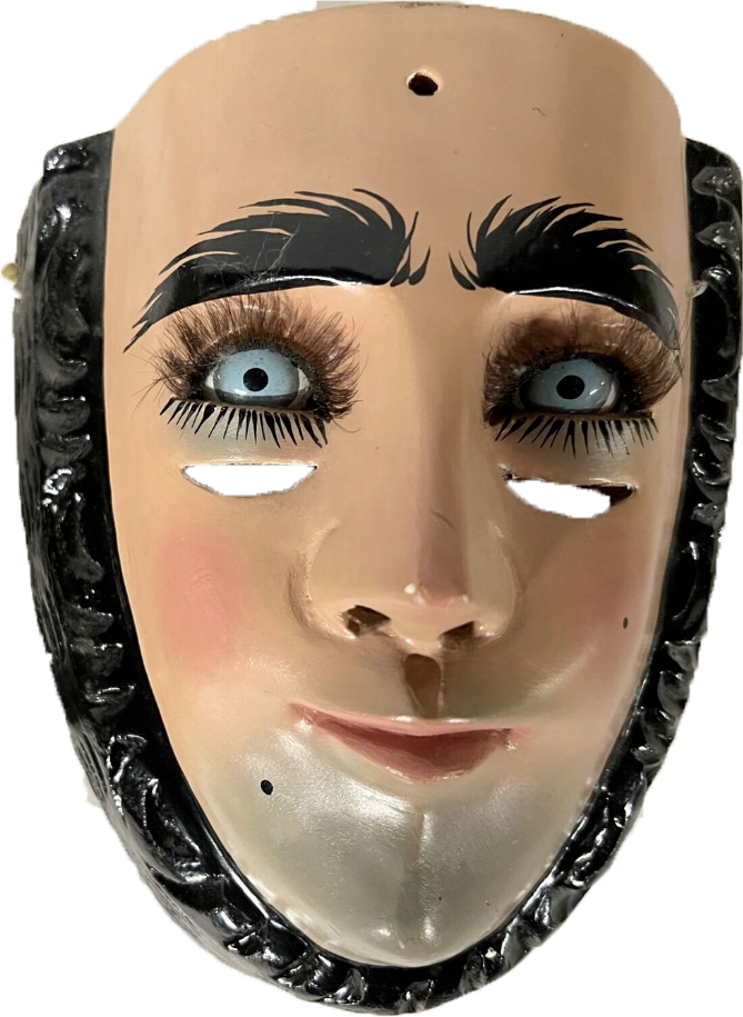 Masque mexique
Masque en plastique aux traits humains, yeux clairs et sourcils marqués.