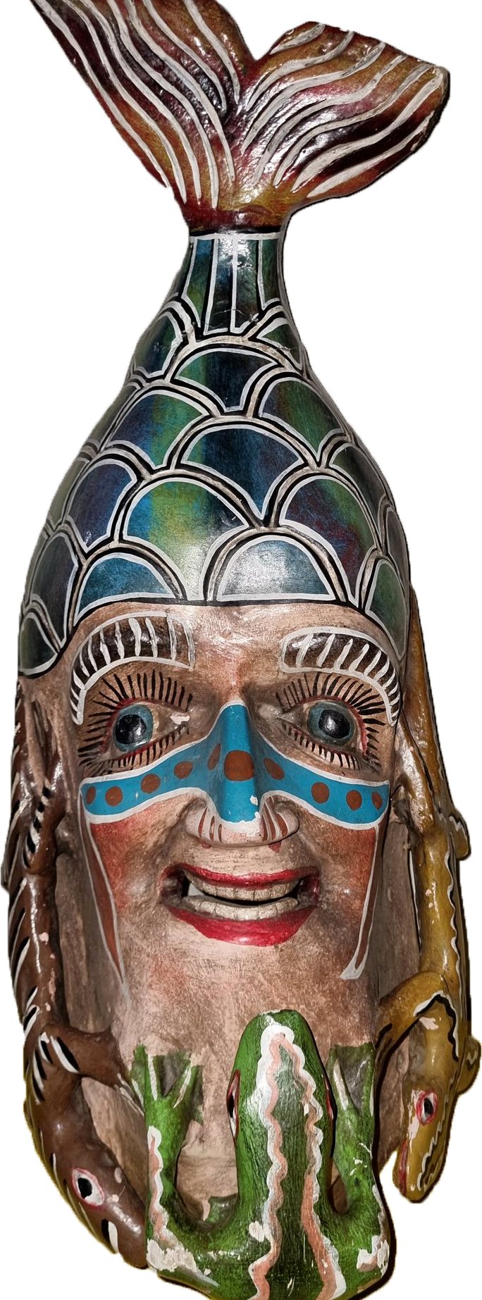 Visage souriant peint sur un leurre de pêche aux motifs colorés.