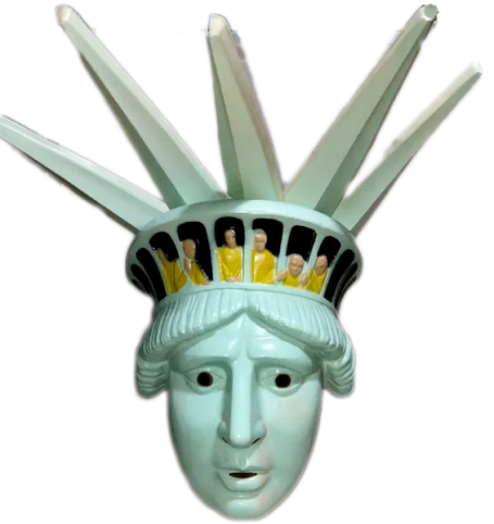 Buste stylisé de la Statue de la Liberté avec des rayons en forme de pics.