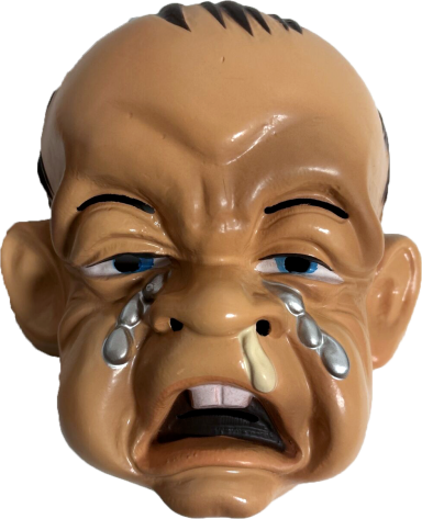 Masque en plastique représentant un visage d'enfant pleurant avec des larmes sculptées.