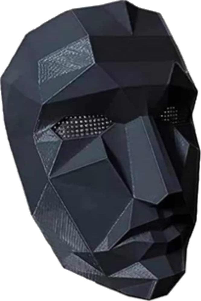 Masque en relief en forme de visage, en noir, avec des facettes géométriques.
