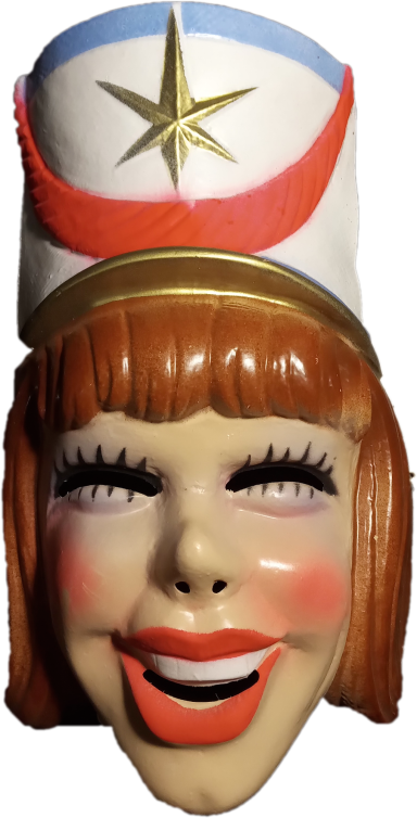 Masque souriant avec un chapeau blanc et rouge, étoile dorée au centre.